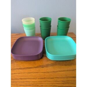 Vintage Tupperware Toys Miniature Dishes 16pc Set Plates Cups Purple Teal Green